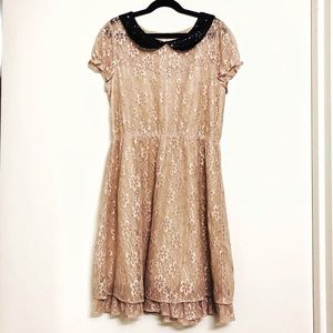 Beige lace dress black sequin Peter Pan collar